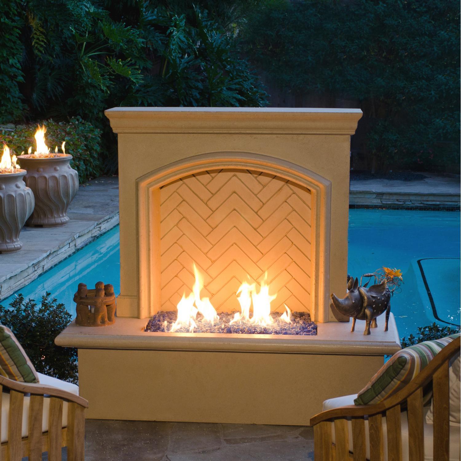 American Fyre Designs 65-Inch Outdoor Natural Gas Arch Stone Firewall - Cafe Blanco