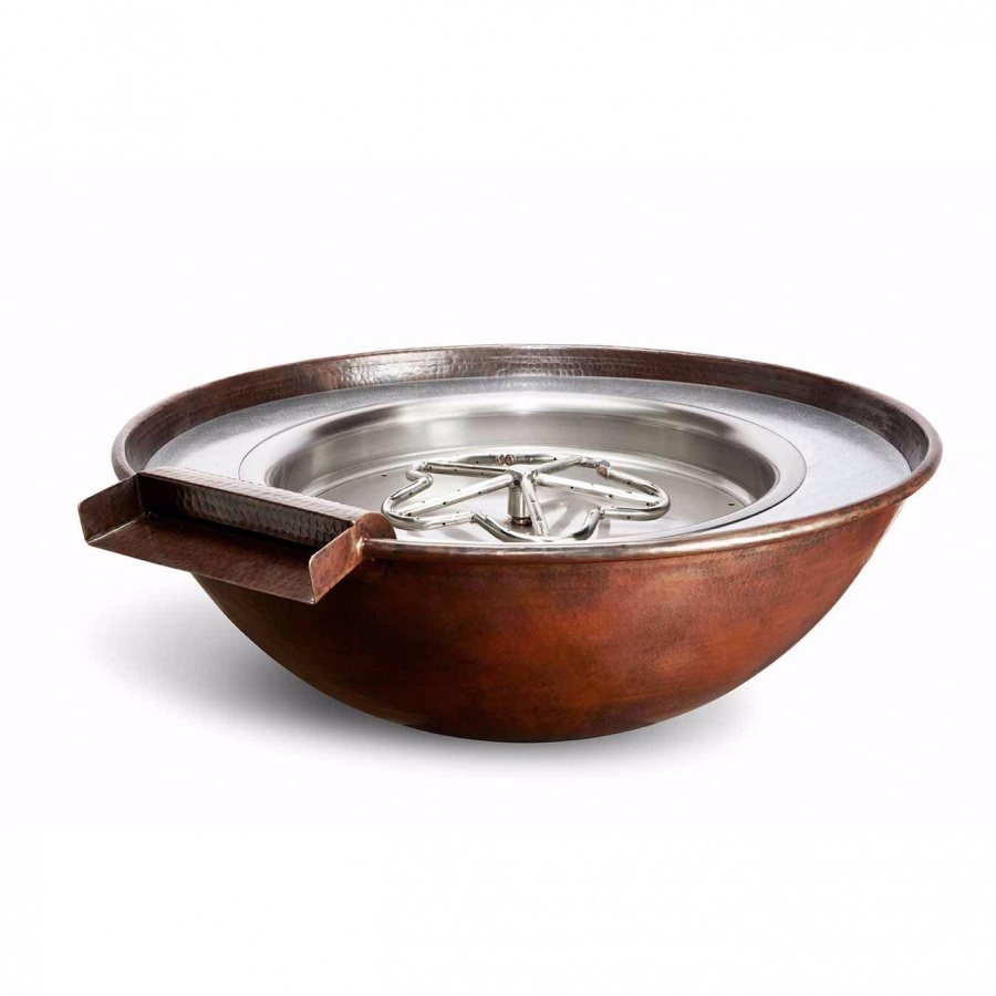 HPC Tempe 31-Inch Round Hammered Copper Natural Gas Fire And Water Bowl - Match Light Ignition