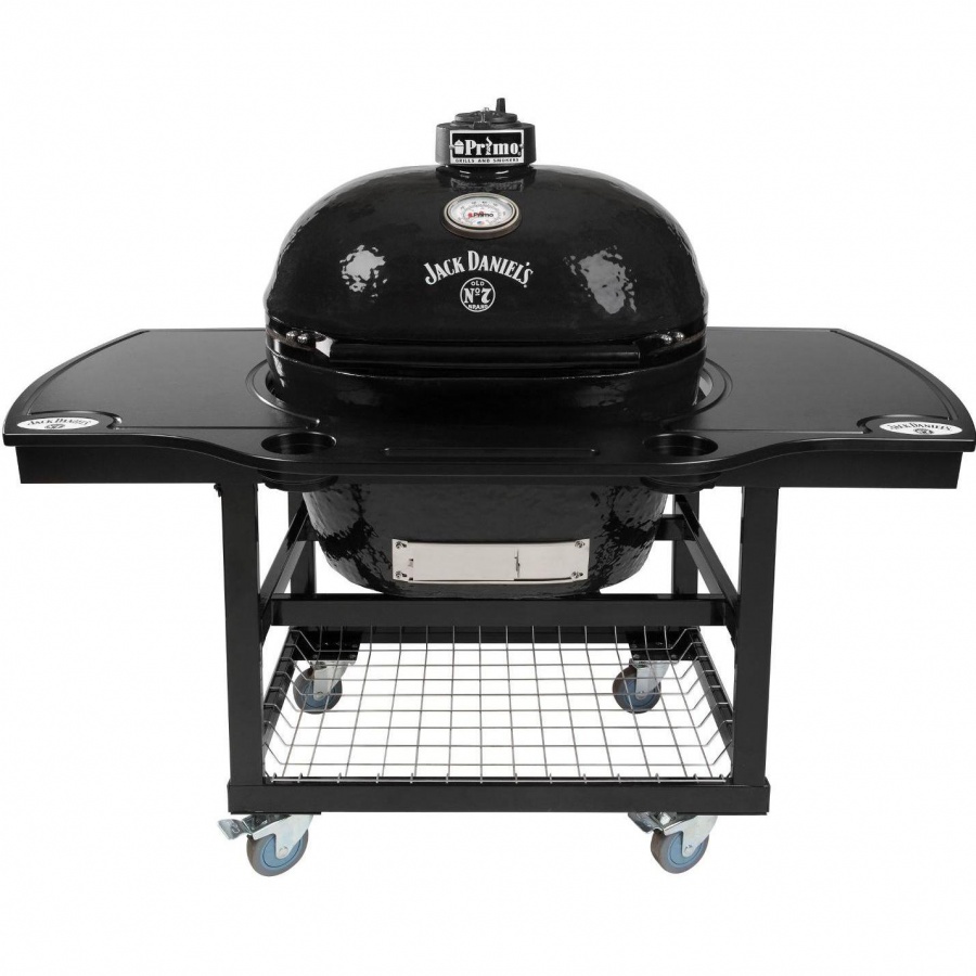 Primo Jack Daniels Edition Oval XL 400 Ceramic Kamado Grill On Steel Cart With 1-Piece Island Side Shelves & Cup Holders - 900