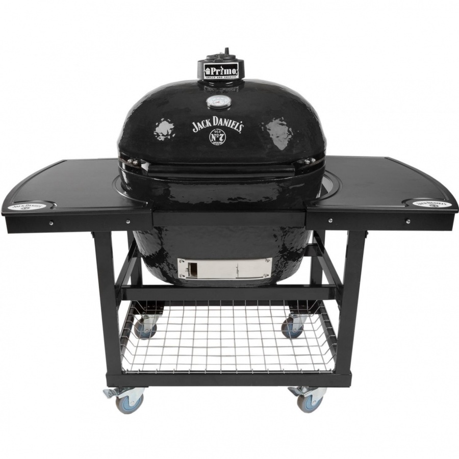Primo Jack Daniels Edition Oval XL 400 Ceramic Kamado Grill On Steel Cart With 2-Piece Island Side Shelves - 900