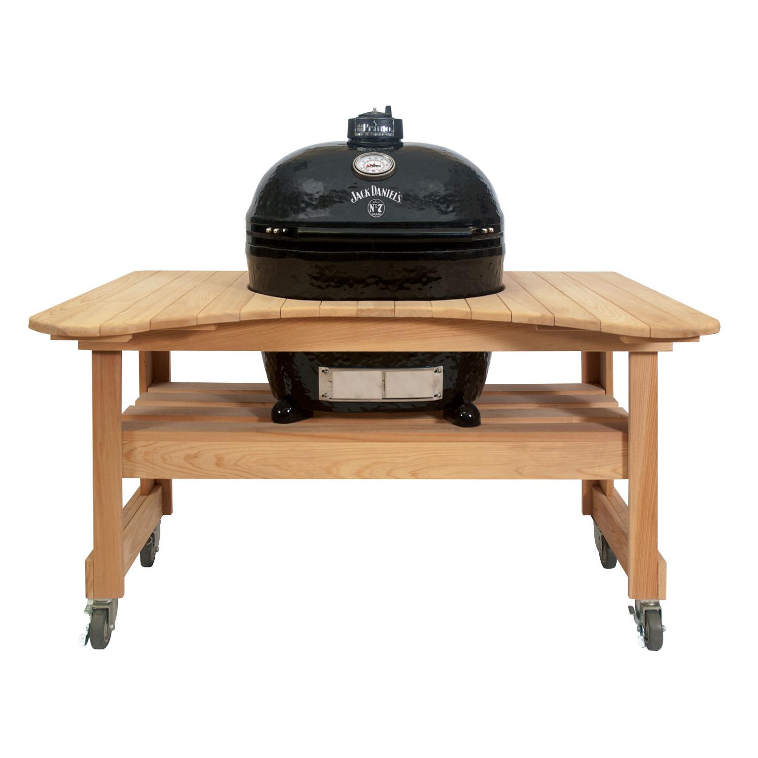 Primo Jack Daniels Edition Oval XL Ceramic Kamado Grill On Curved Cypress Table