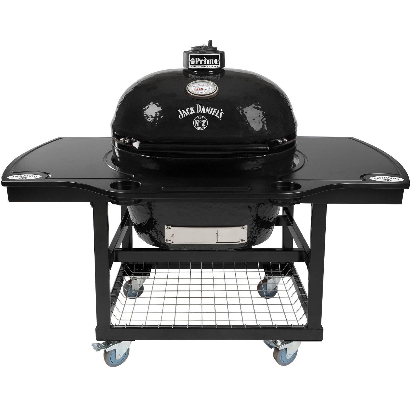 Primo Jack Daniels Edition Oval XL Ceramic Kamado Grill On Steel Cart With 1-Piece Island Side Shelves & Cup Holders