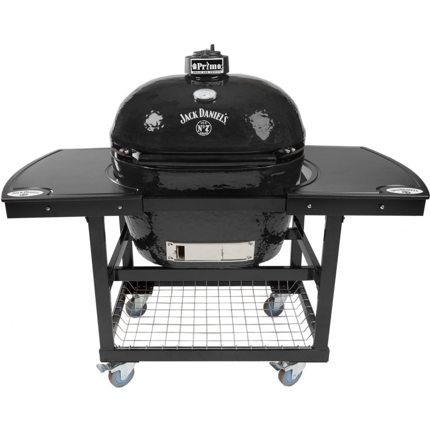 Primo Jack Daniels Edition Oval XL Ceramic Kamado Grill On Steel Cart With 2-Piece Island Side Shelves