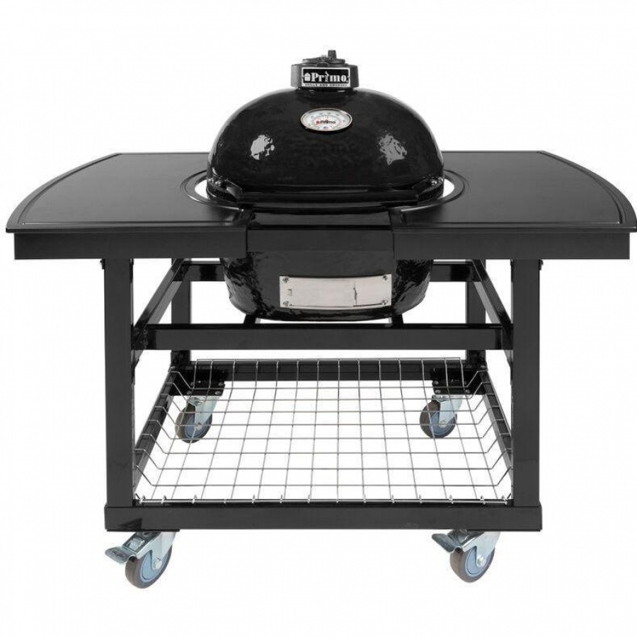 Primo Oval Junior 200 Ceramic Kamado Grill On Steel Cart With 2-Piece Island Side Shelves - 774