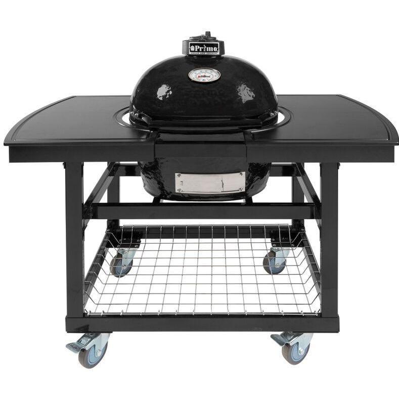 Primo Oval Junior Ceramic Kamado Grill On Steel Cart With 2-Piece Island Side Shelves