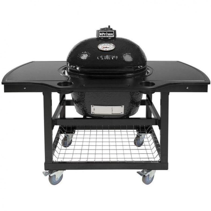 Primo Oval Large 300 Ceramic Kamado Grill On Steel Cart With 1-Piece Island Side Shelves & Cup Holders - 775
