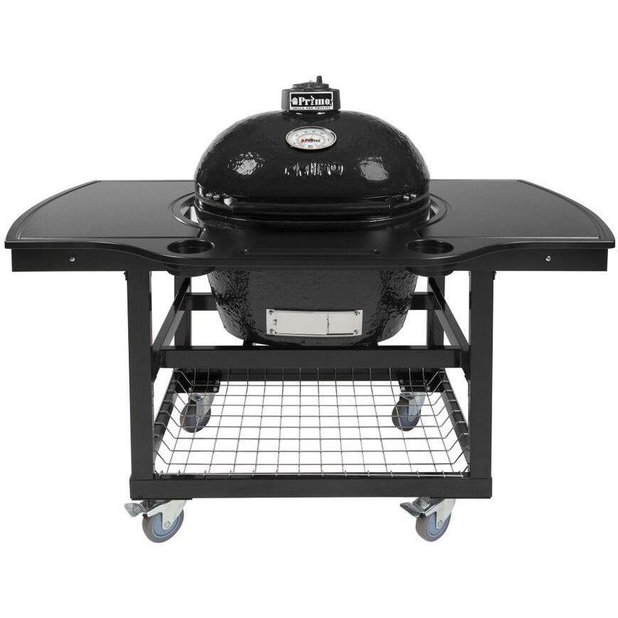 Primo Oval Large Ceramic Kamado Grill On Steel Cart With 1-Piece Island Side Shelves & Cup Holders