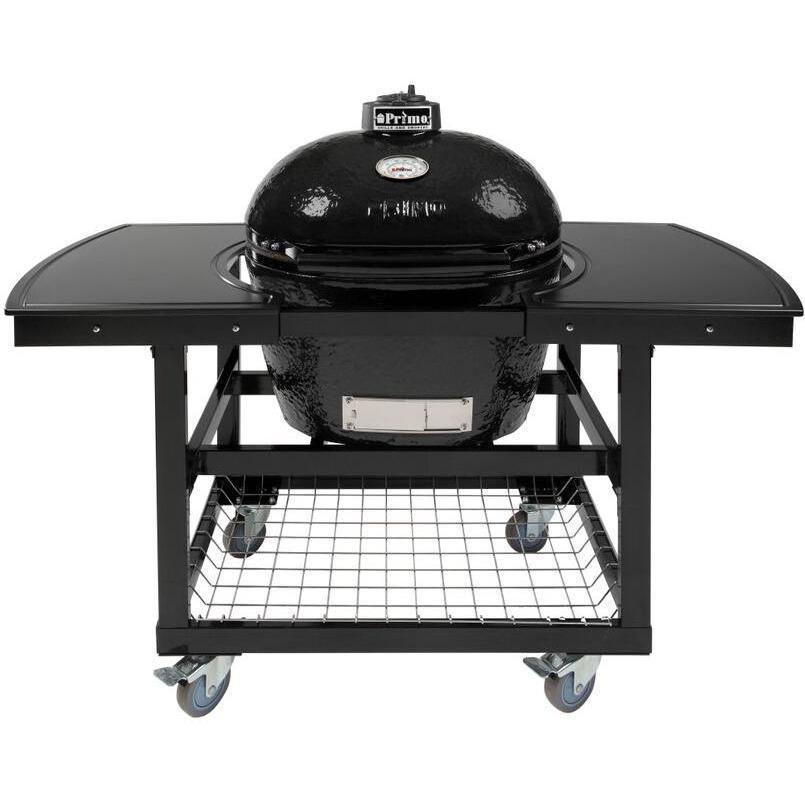 Primo Oval Large Ceramic Kamado Grill On Steel Cart With 2-Piece Island Side Shelves