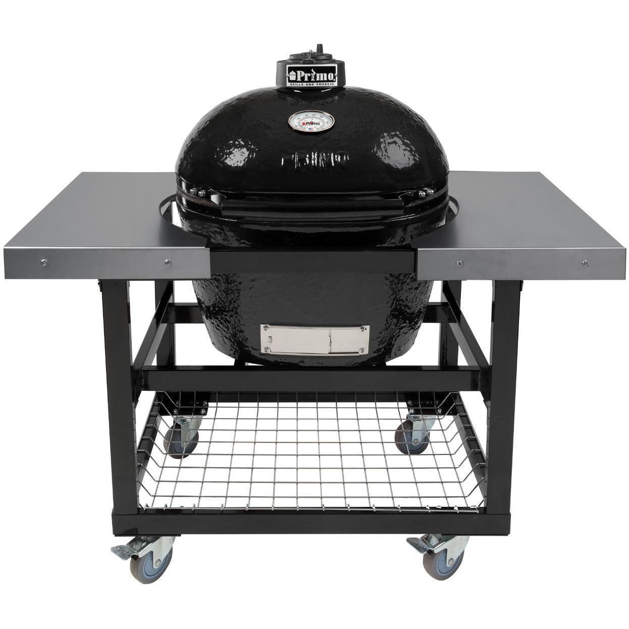 Primo Oval Large Ceramic Kamado Grill On Steel Cart With Stainless Side Tables