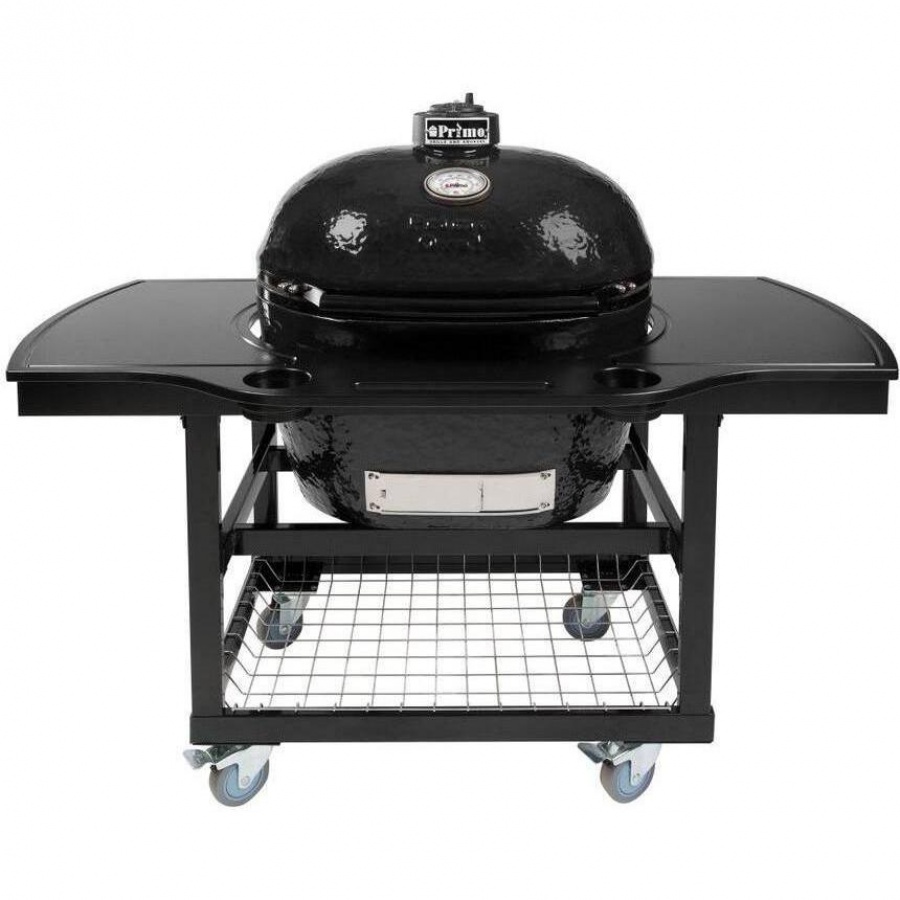 Primo Oval XL 400 Ceramic Kamado Grill On Steel Cart With 1-Piece Island Side Shelves & Cup Holders - 778