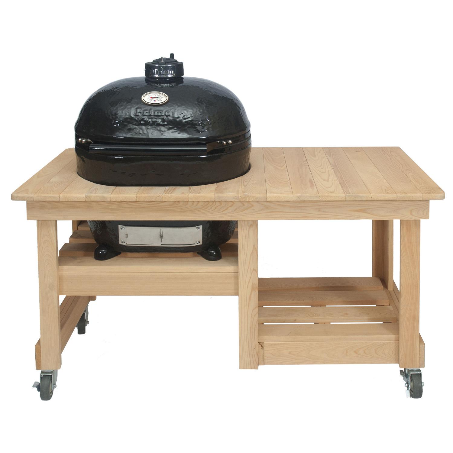 Primo Oval XL Ceramic Kamado Grill On Countertop Cypress Table