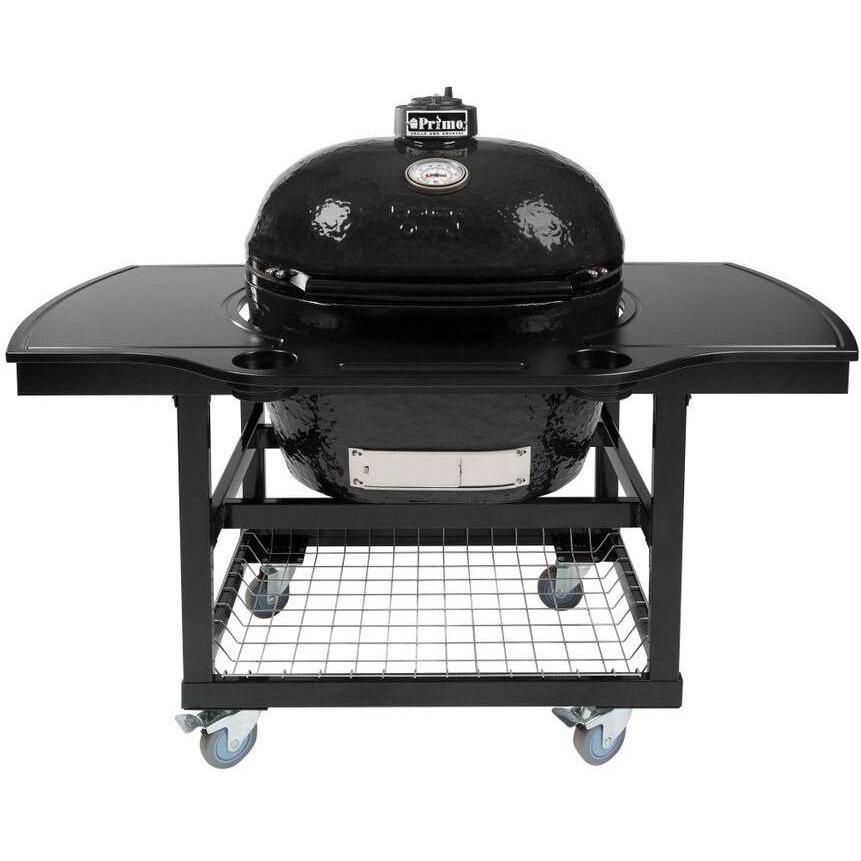 Primo Oval XL Ceramic Kamado Grill On Steel Cart With 1-Piece Island Side Shelves & Cup Holders