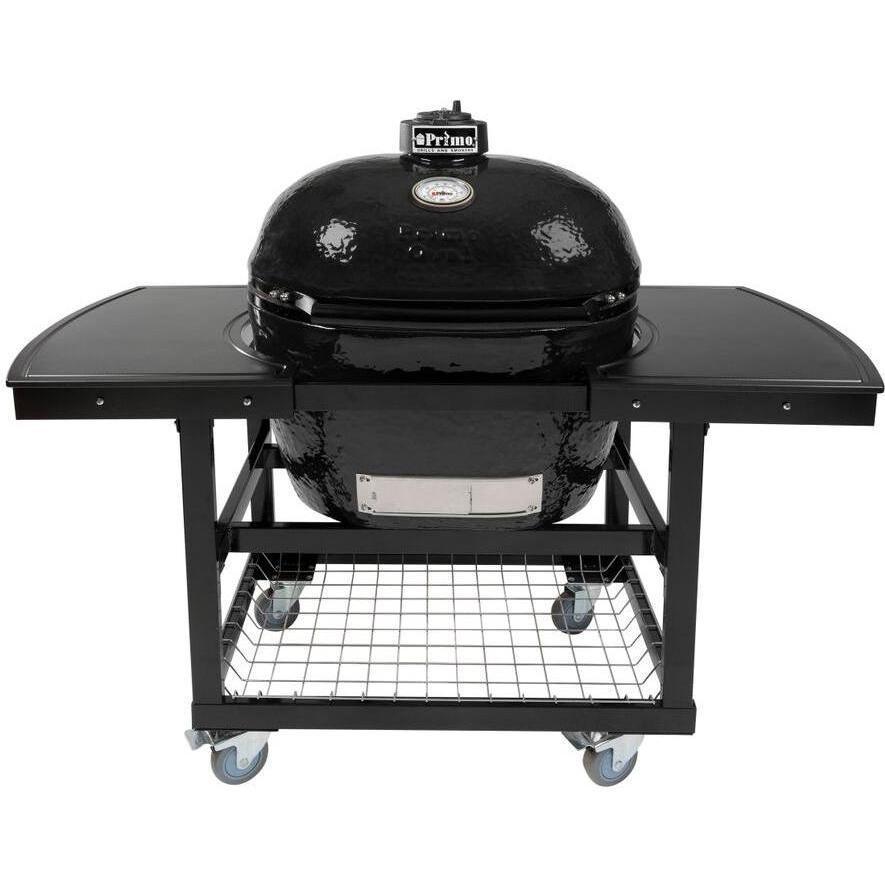 Primo Oval XL Ceramic Kamado Grill On Steel Cart With 2-Piece Island Side Shelves